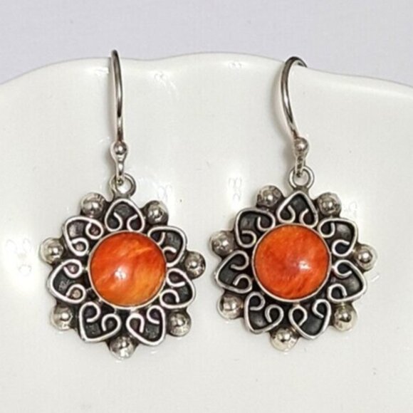 Vintage Sterling Silver Boho Moroccan Orange Sunstone Flower Drop Dangle Earring - Picture 1 of 8
